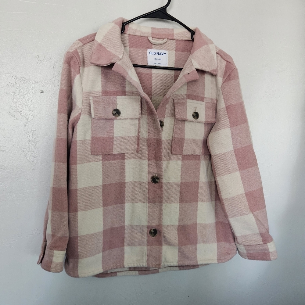 Old Navy Girls XS 14-16 Pink and Cream Plaid Jacket Shacket Flannel Fall Check